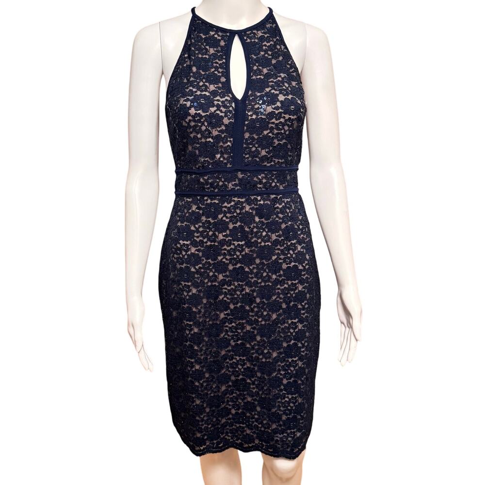 Nightway Navy Blue Lace Cocktail Dress Size 8 Sleeveless Sequin Halter Bodycon - Picture 2 of 13
